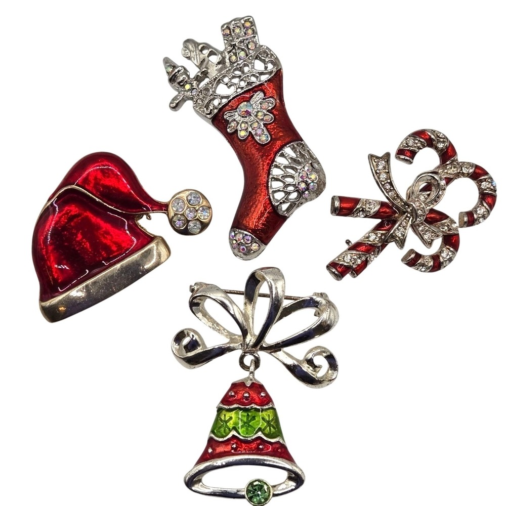 Vintage Rhinestone Christmas Brooch Lot Enamel Stocking Bell Santa Hat CandyCane